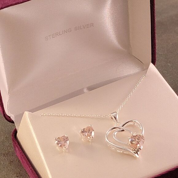 Sterling Openwork Pink Heart CZ  Necklace & Stud Earrings Set - Ne… - Picture 4 of 7